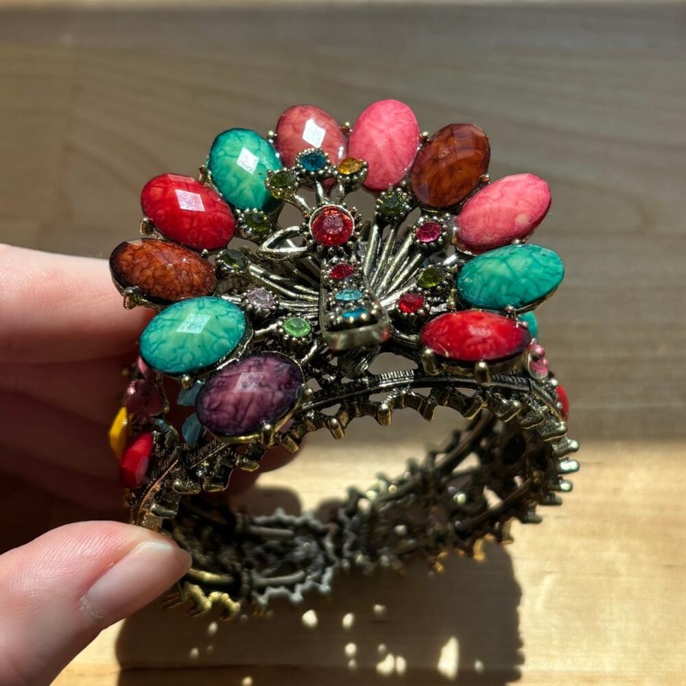 1970s Vintage Peacock Jeweled Cuff Bracelet Rhinestone Regency Revival Art Deco